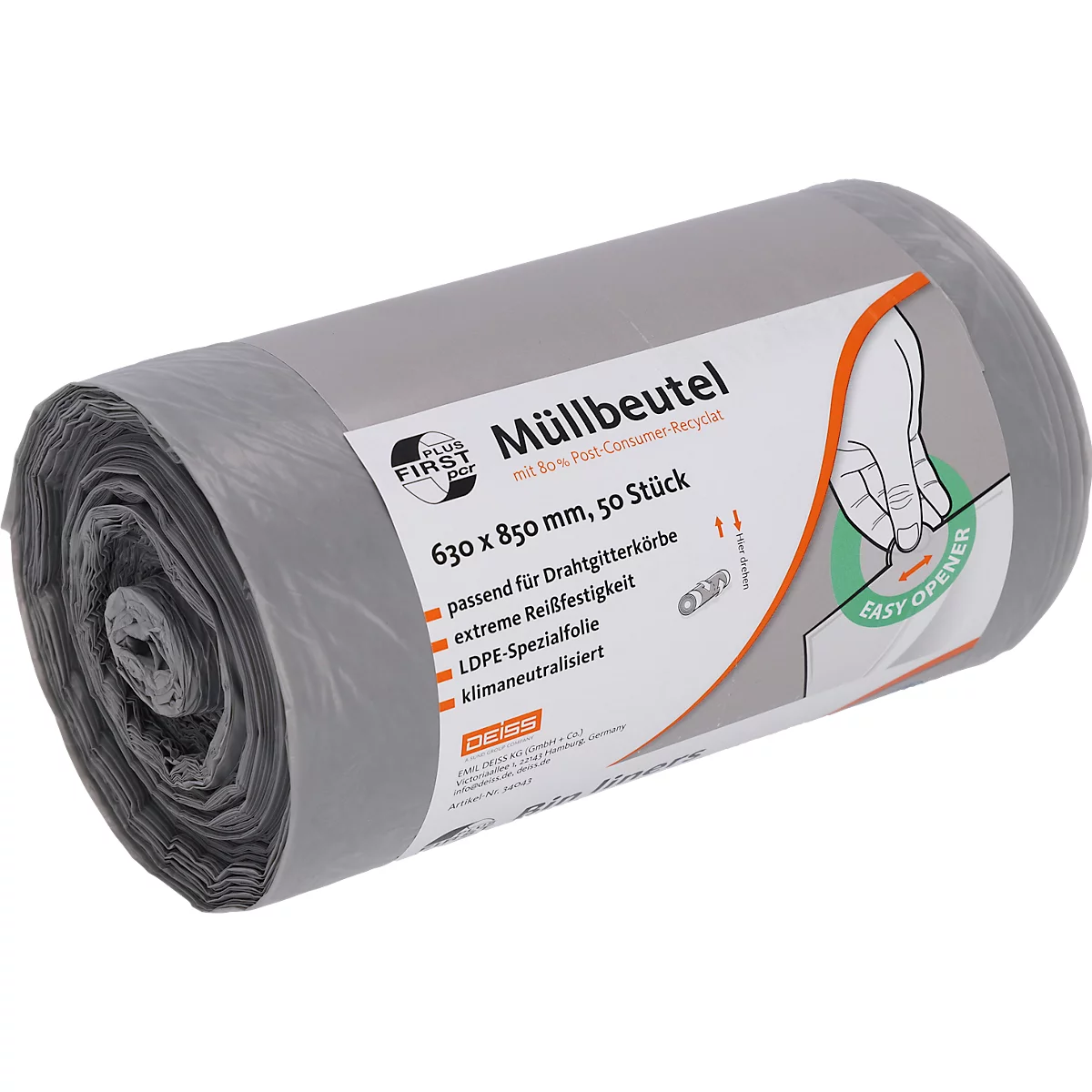 Deiss FIRST PLUS afvalzakken, met handvat, LDPE, 14 µm, grijs, B 630 x H 850 mm, 80 liter, 300 stuks