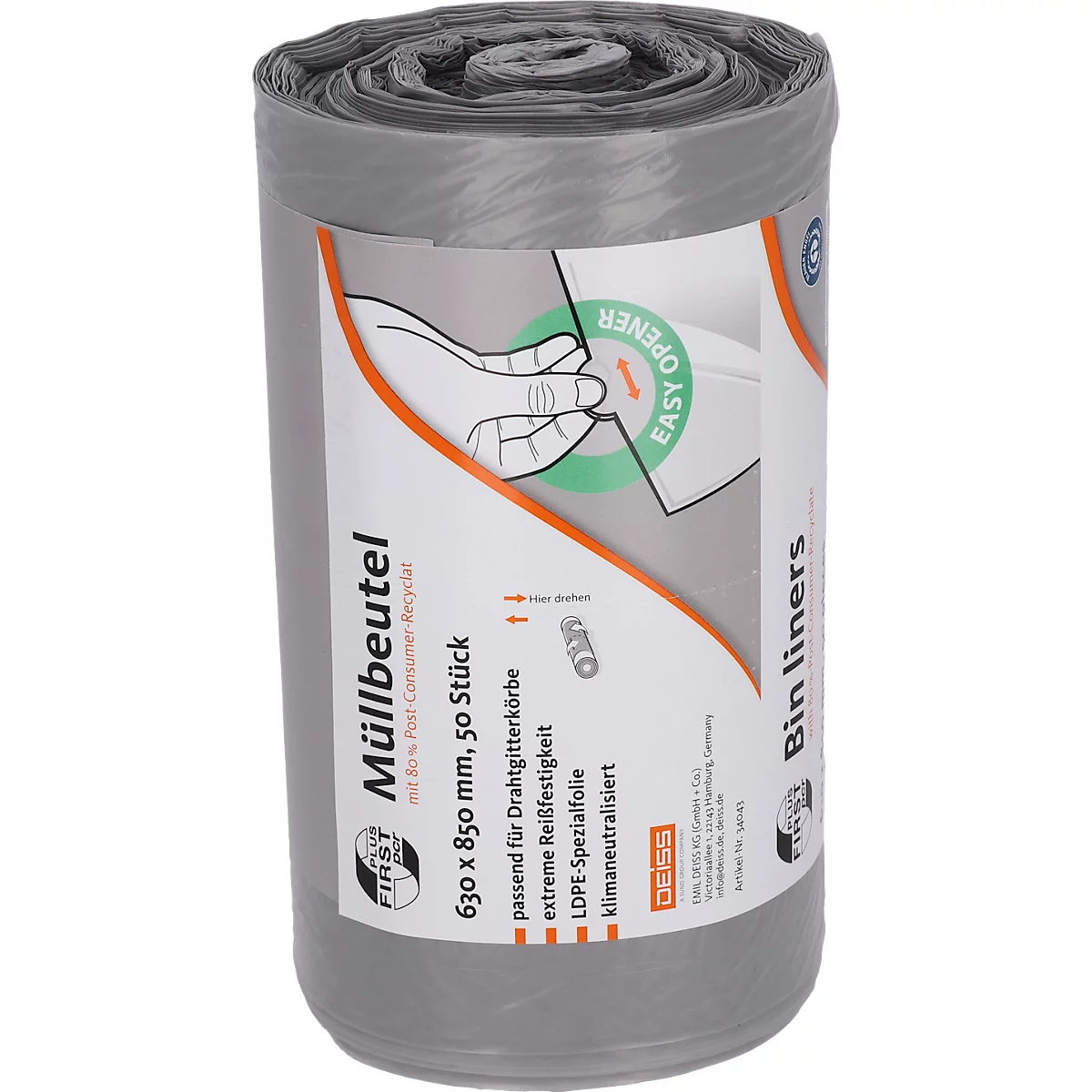 Deiss FIRST PLUS afvalzakken, met handvat, LDPE, 14 µm, grijs, B 630 x H 850 mm, 80 liter, 300 stuks