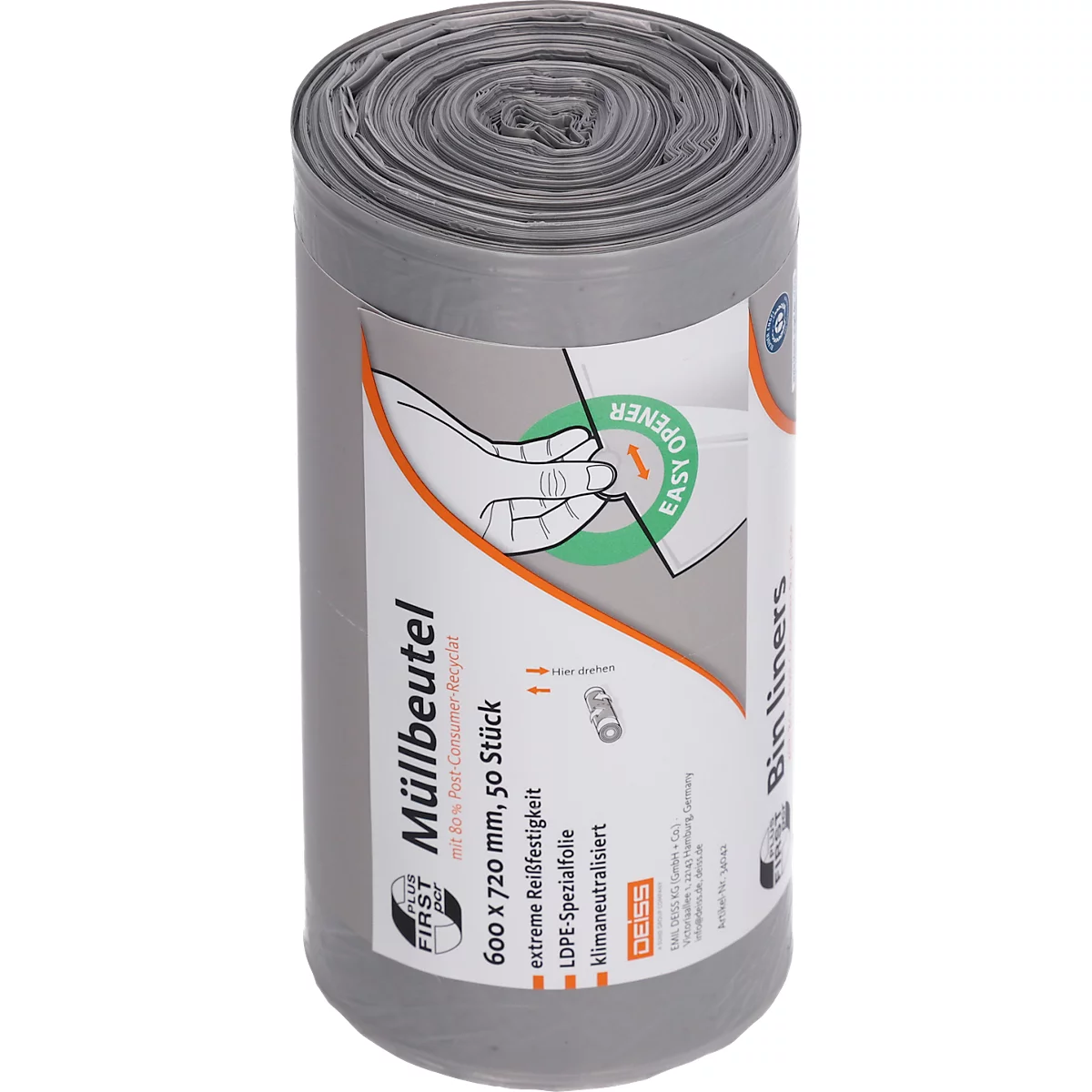 Deiss FIRST PLUS Müllbeutel, mit Tragegriff, LDPE, 14 µm, grau, B 600 x H 720 mm, 60 Liter, 1000 Stück