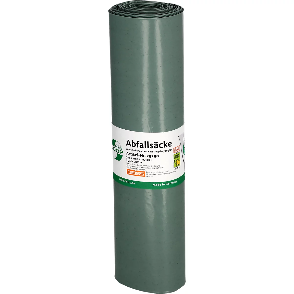 Deiss LOOP PLUS® afvalzakken, 120 liter, gerecycled LDPE, B 700 x H 1100 mm, naturel, 250 stuks