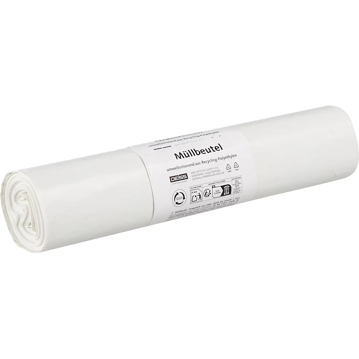 Gerollte, weiße Müllbeutelpackung mit Aufschrift „Müllbeutel“.