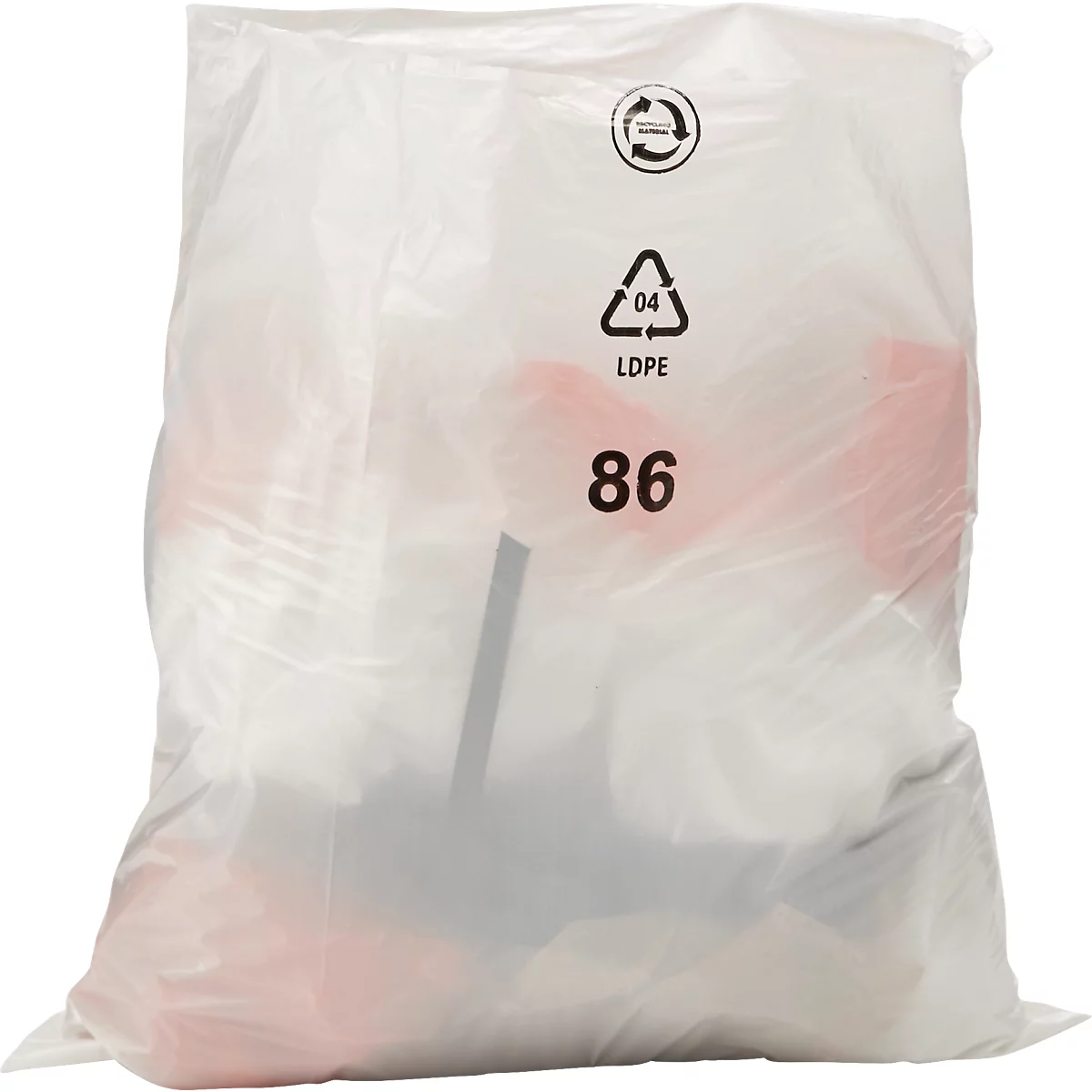 Weißer Plastikmüllsack, gefüllt, mit Recyclingzeichen, LDPE-Logo und der Zahl 86.