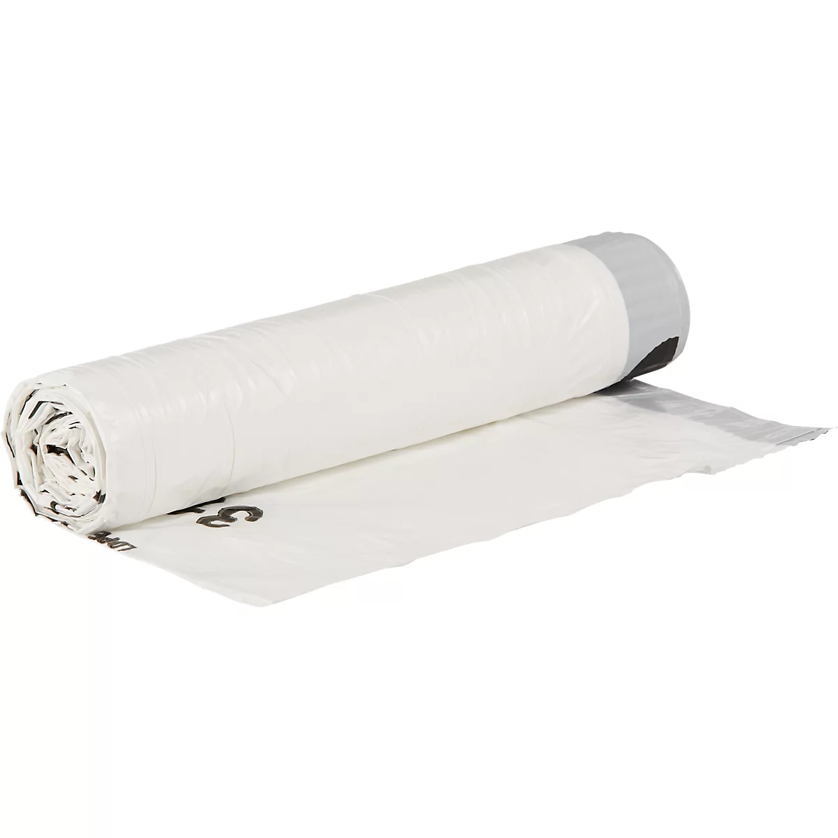 Ausgerolltes Plastikmaterial, weiß, gerollt. Grauer Abschluss, schwarze Schrift.
