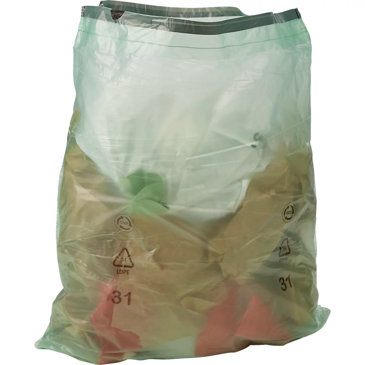 Ein grüner Plastikmüllsack, gefüllt mit Abfall. Der Sack hat das Zeichen 31 und ein Recycling-Symbol.