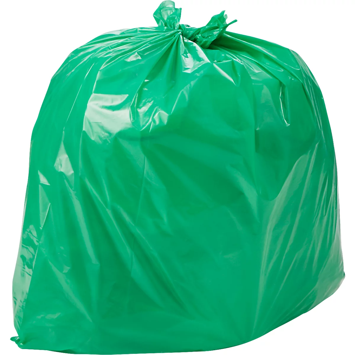 Grüner Müllsack, zusammengebunden.