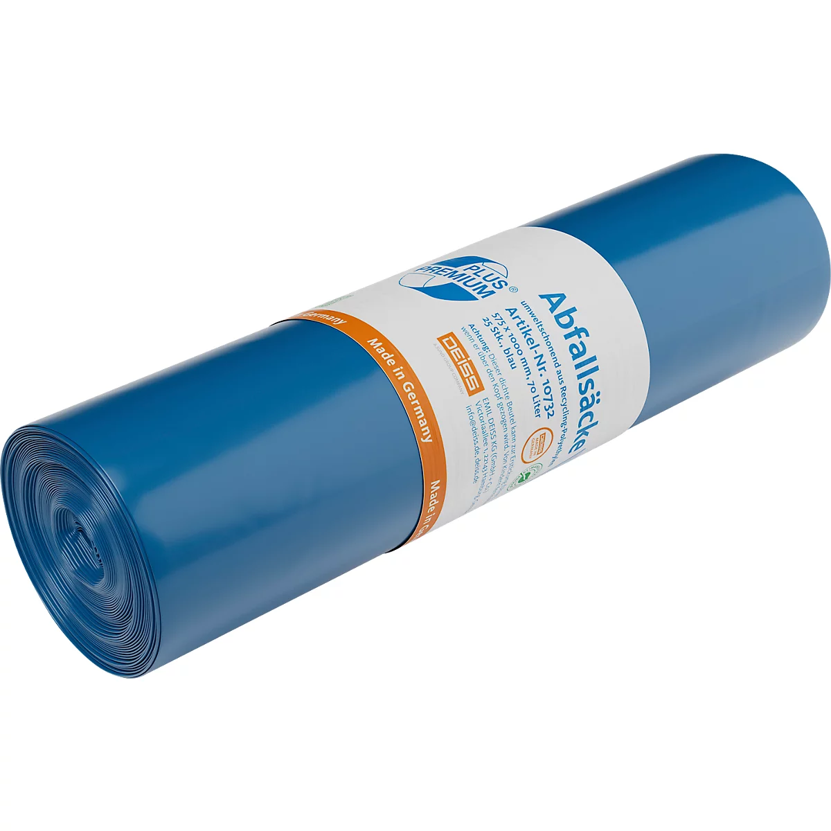 Deiss PREMIUM PLUS® afvalzakken, gerecycled LDPE, scheurvast, B 575 x H 1000 mm, 70 liter, 31 µm, blauw, 250 stuks