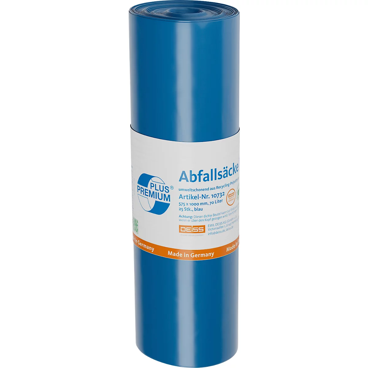 Deiss PREMIUM PLUS® afvalzakken, gerecycled LDPE, scheurvast, B 575 x H 1000 mm, 70 liter, 31 µm, blauw, 250 stuks