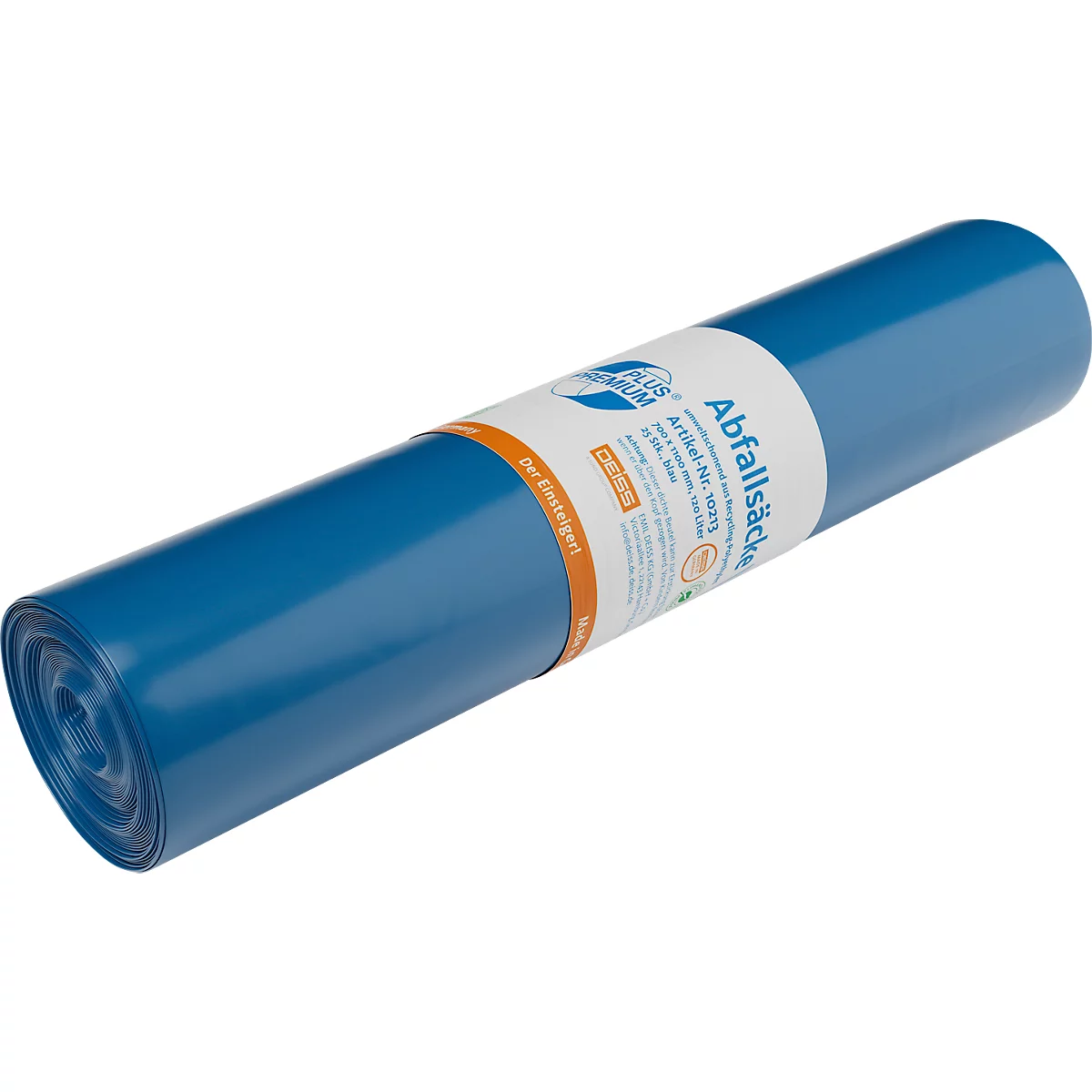 Deiss PREMIUM PLUS® afvalzakken, gerecycled LDPE, scheurvast, B 700 x H 1100 mm, 120 liter, 31 µm, blauw, 250 stuks