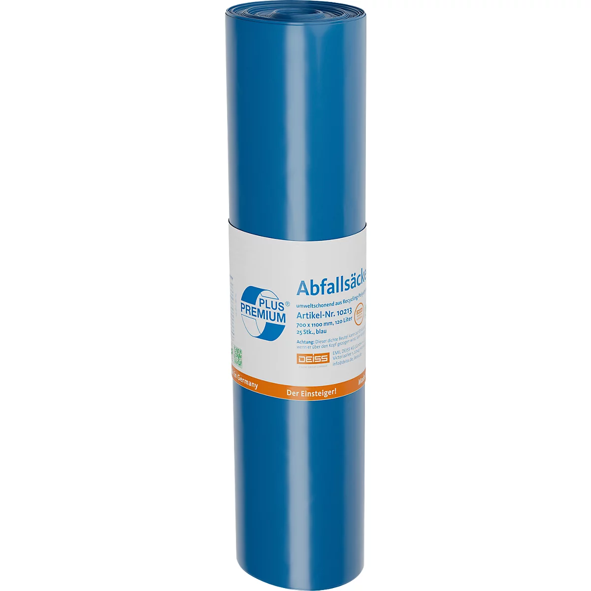 Deiss PREMIUM PLUS® afvalzakken, gerecycled LDPE, scheurvast, B 700 x H 1100 mm, 120 liter, 31 µm, blauw, 250 stuks
