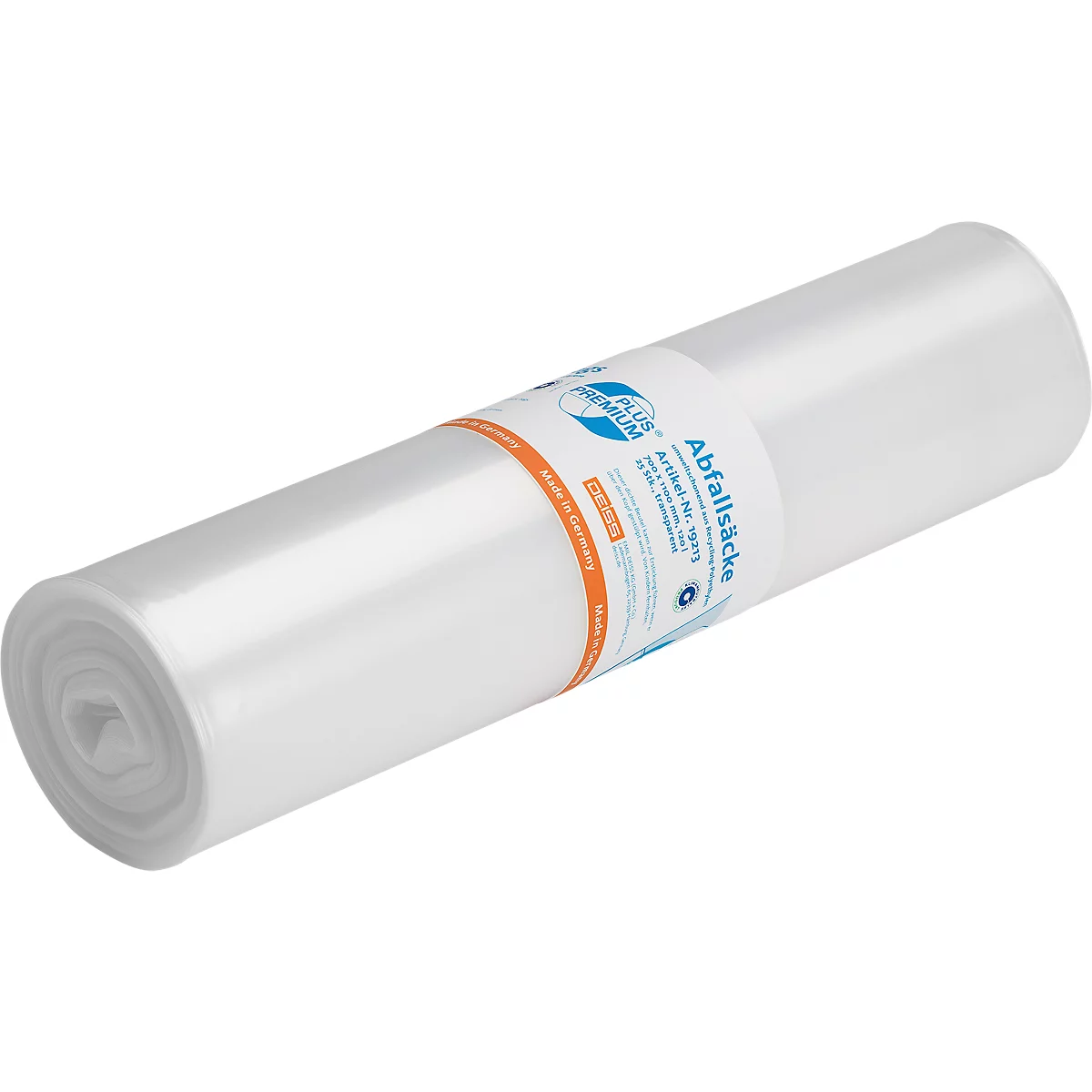 Deiss PREMIUM PLUS® afvalzakken, gerecycled LDPE, scheurvast, B 700 x H 1100 mm, 120 liter, 31 µm, transparant, 250 stuks