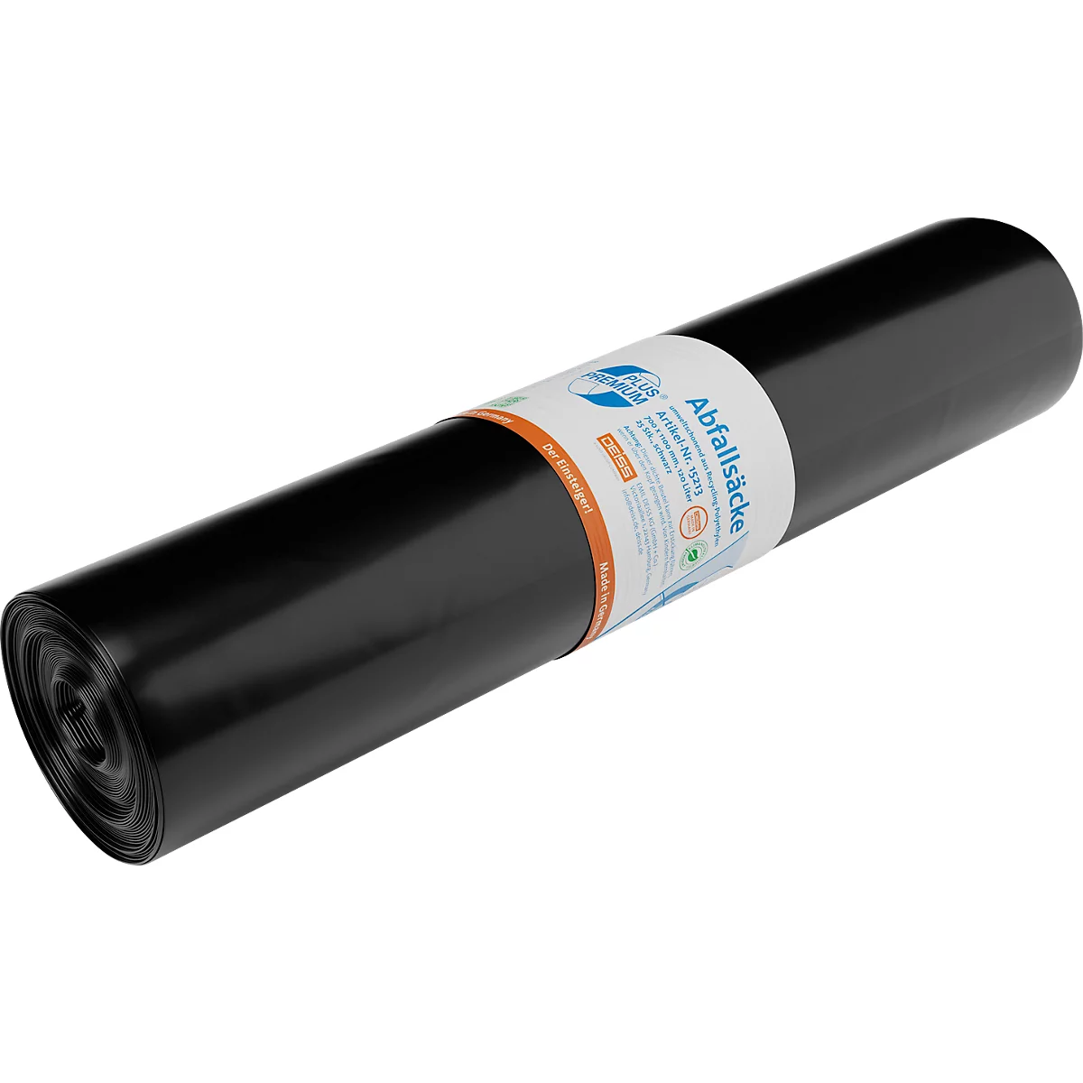 Deiss PREMIUM PLUS® afvalzakken, gerecycled LDPE, scheurvast, B 700 x H 1100 mm, 120 liter, 31 µm, zwart, 250 stuks