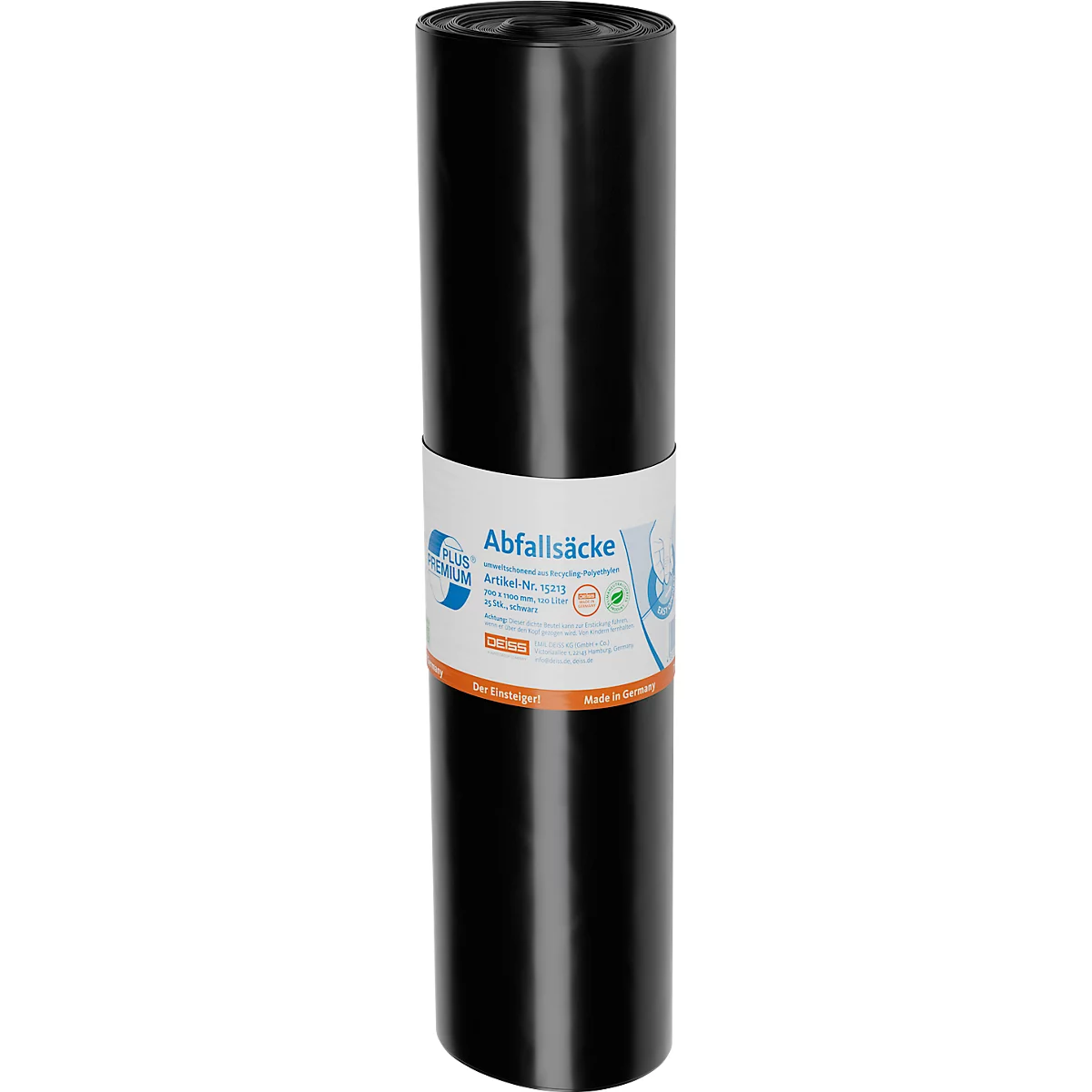 Deiss PREMIUM PLUS® afvalzakken, gerecycled LDPE, scheurvast, B 700 x H 1100 mm, 120 liter, 31 µm, zwart, 250 stuks