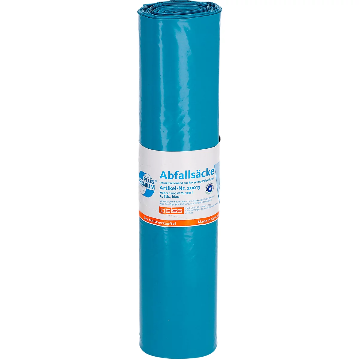 Deiss PREMIUM PLUS® afvalzakken, gerecycled LDPE, scheurvast, B 700 x H 1100 mm, 120 liter, 34 µm, blauw, 250 stuks
