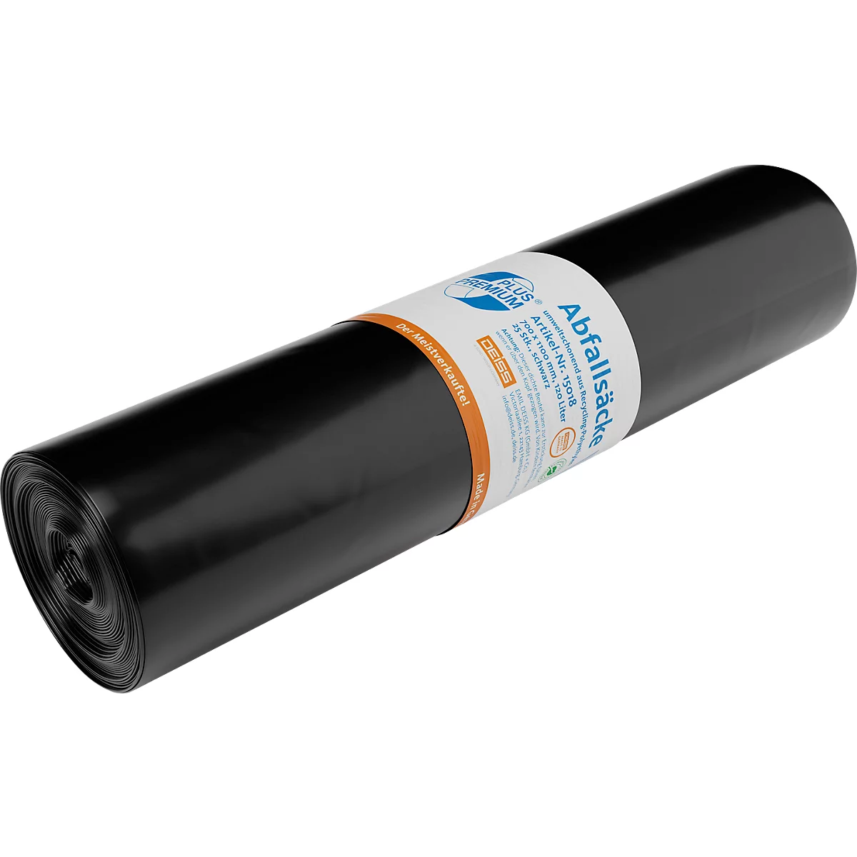 Deiss PREMIUM PLUS® afvalzakken, gerecycled LDPE, scheurvast, B 700 x H 1100 mm, 120 liter, 34 µm, zwart, 250 stuks
