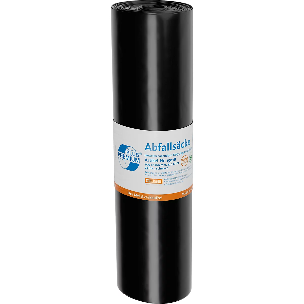 Deiss PREMIUM PLUS® afvalzakken, gerecycled LDPE, scheurvast, B 700 x H 1100 mm, 120 liter, 34 µm, zwart, 250 stuks