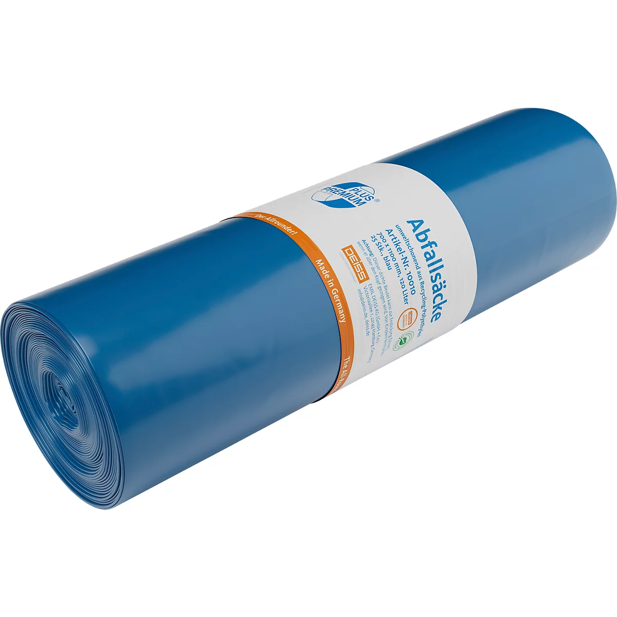Deiss PREMIUM PLUS® afvalzakken, gerecycled LDPE, scheurvast, B 700 x H 1100 mm, 120 liter, 55 µm, blauw, 250 stuks