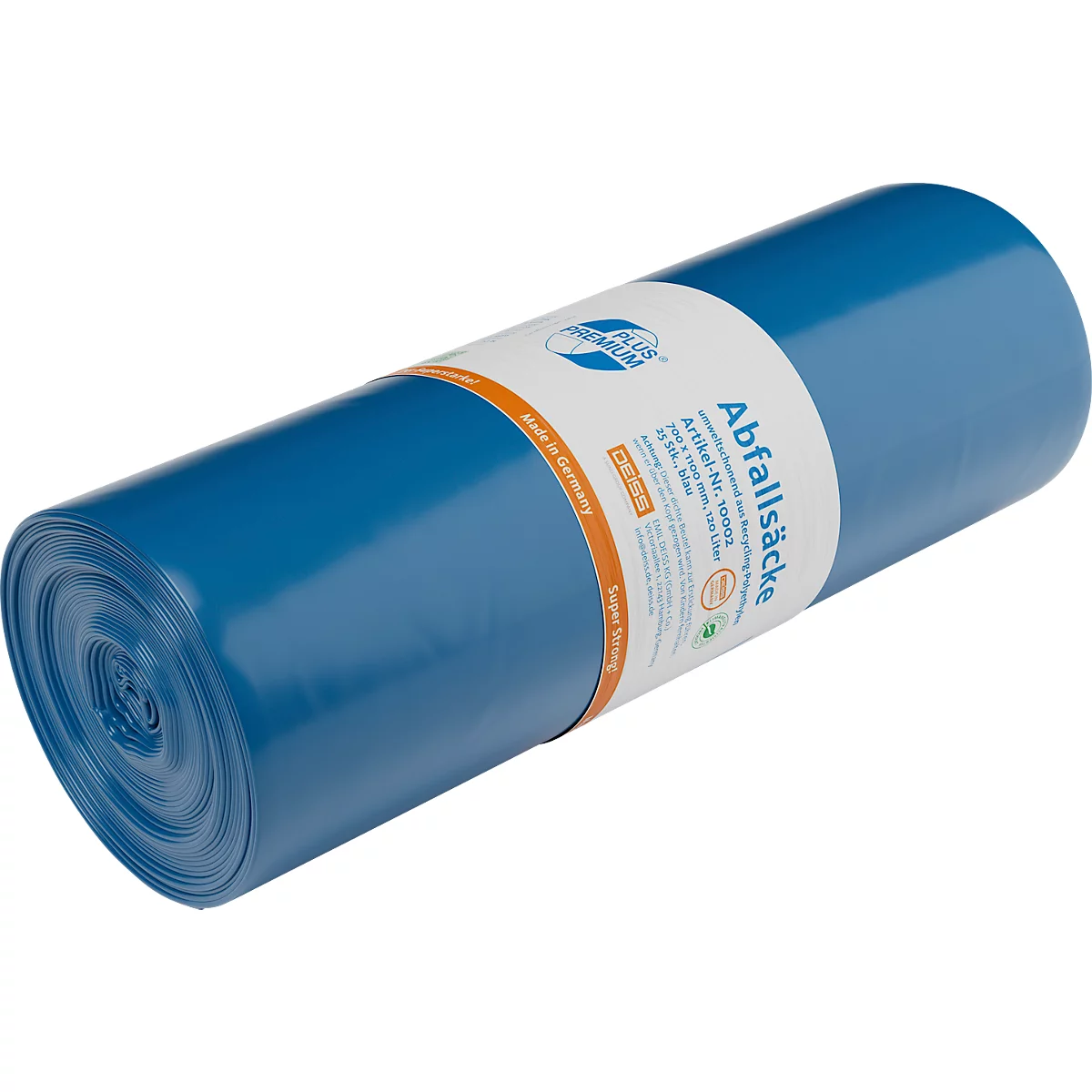 Deiss PREMIUM PLUS® afvalzakken, gerecycled LDPE, scheurvast, B 700 x H 1100 mm, 120 liter, 82 µm, blauw, 150 stuks