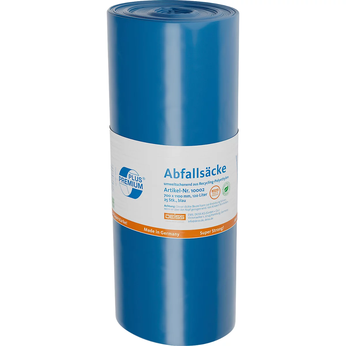 Deiss PREMIUM PLUS® afvalzakken, gerecycled LDPE, scheurvast, B 700 x H 1100 mm, 120 liter, 82 µm, blauw, 150 stuks