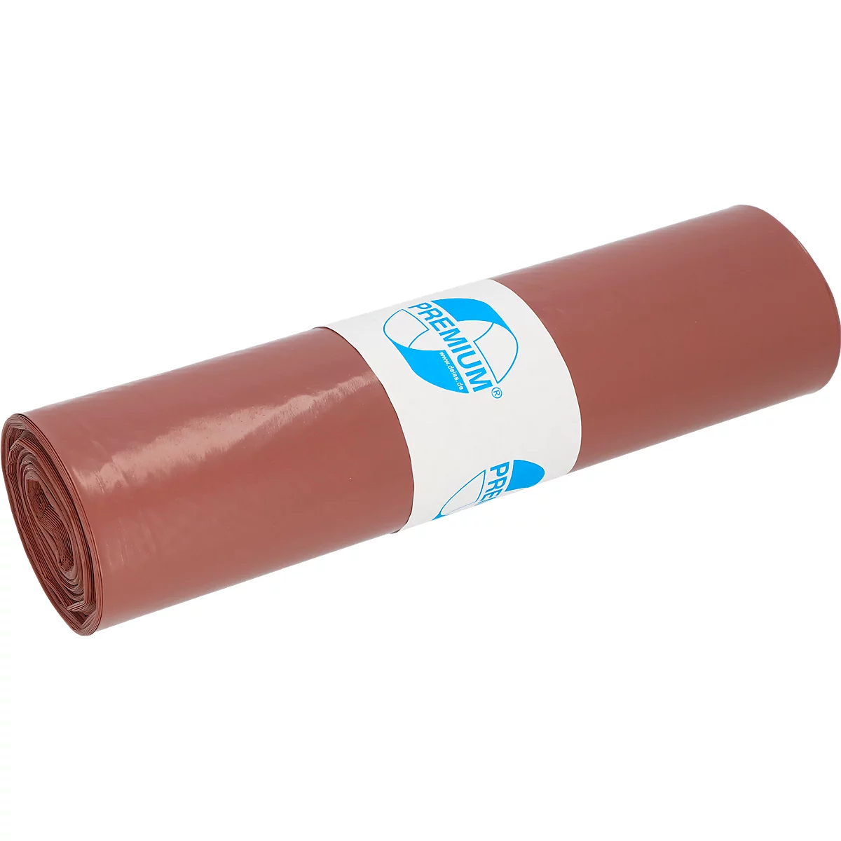 Roll of pink plastic with a white band that says "PREMIUM." Blue logo.