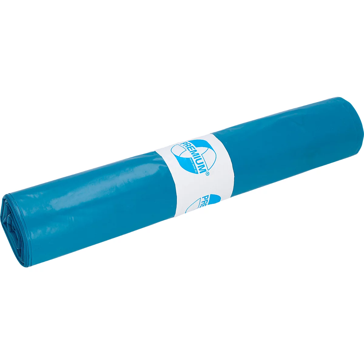 Roll of blue plastic, with white paper band showing the word "PREMIUM".