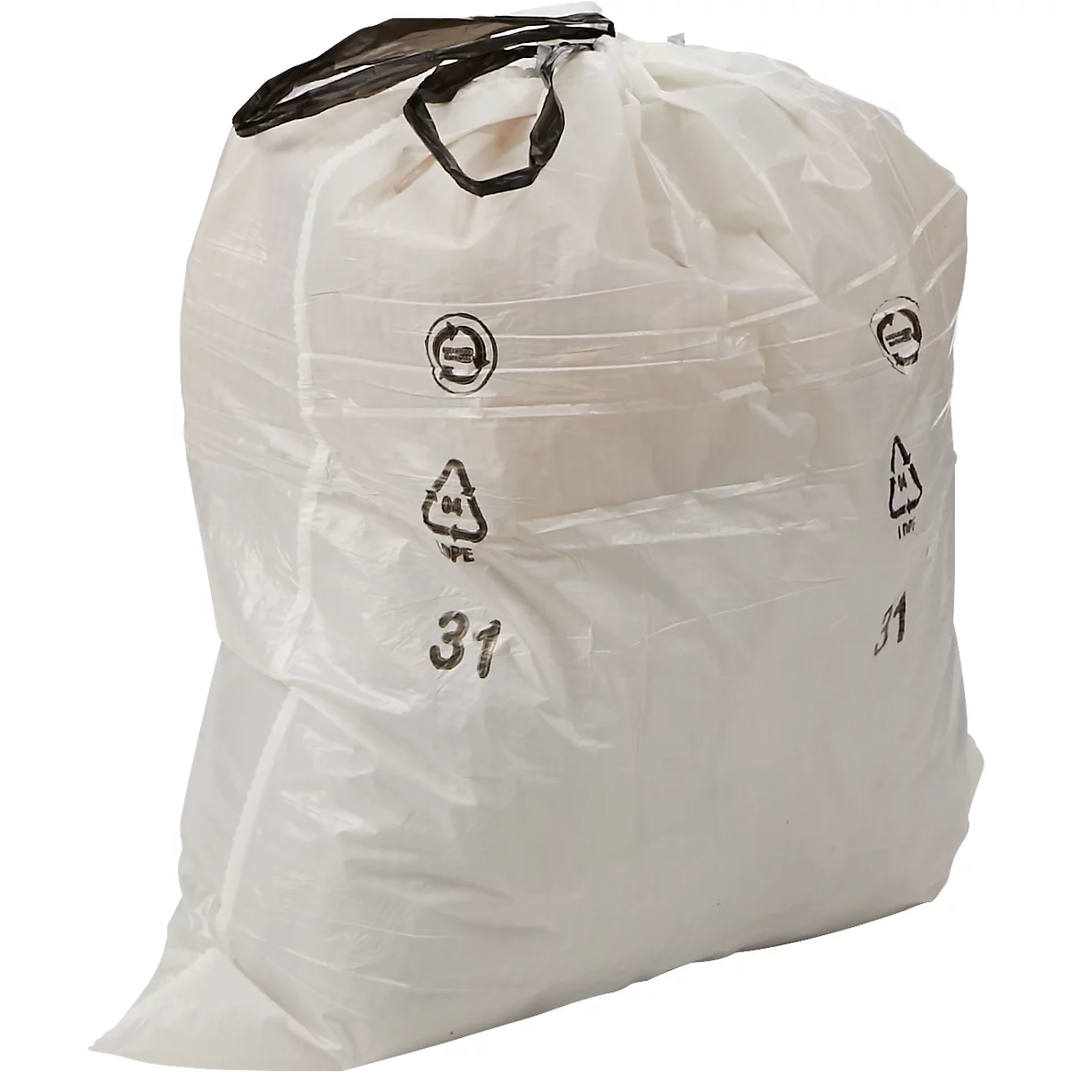 Witte vuilniszak met zwarte sluiting en handvatten, recyclingsymbool en nummer 31.