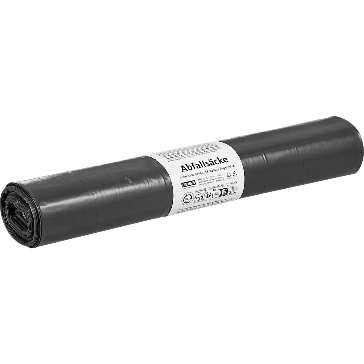 Rolled black garbage bags, label says "Abfallsäcke".