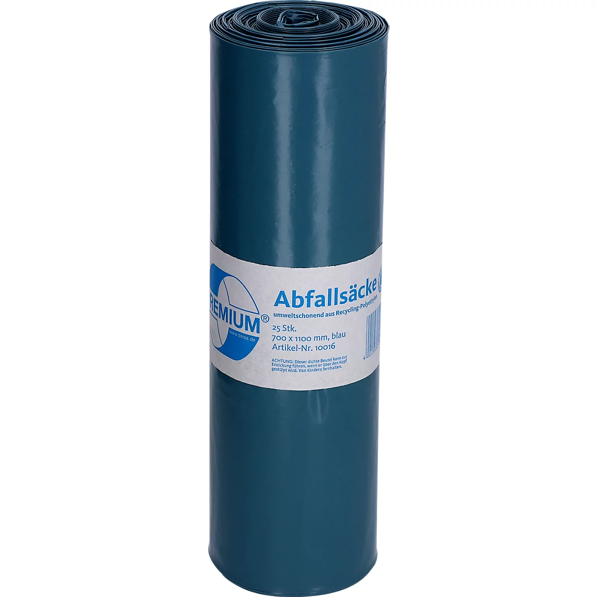 Roll of blue trash bags, with text: Abfallsäcke, 25 pieces, 200 x 100 mm, blue. Article no. 10008.