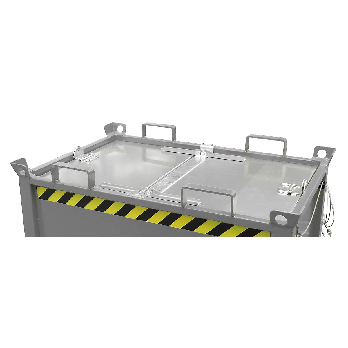 Grijze metalen doos met deksel en geelzwarte strepen. Handgrepen en vergrendelingen bevinden zich op het deksel.