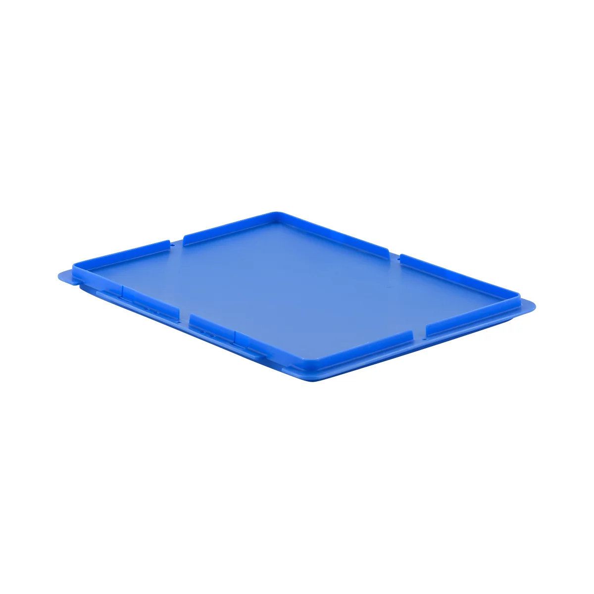 Blauw plastic deksel, rechthoekig met een opstaande rand en uitsparingen.