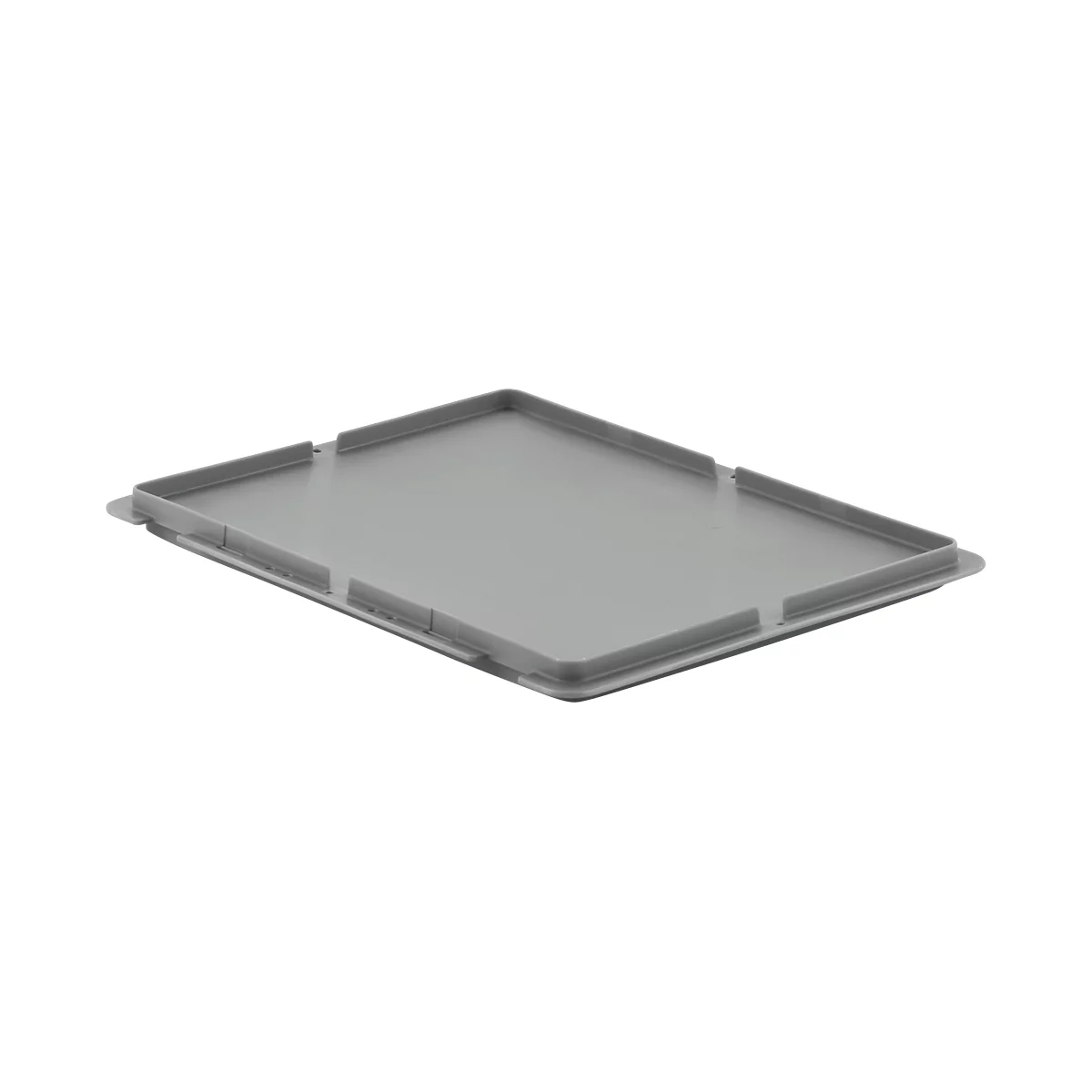 Grijze plastic plaat met een rechthoekige vorm, licht verhoogde rand en uitsparingen.