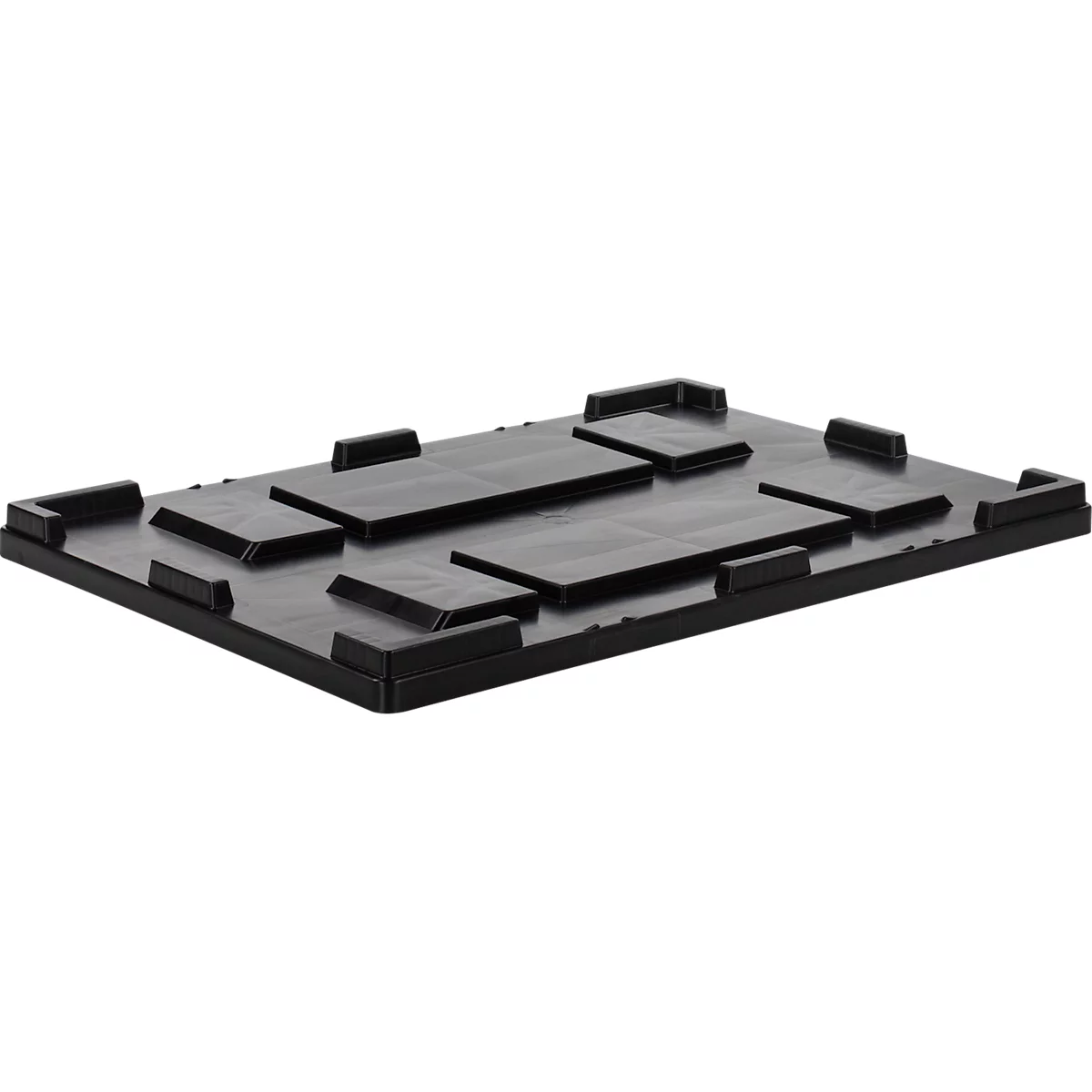 Zwarte kunststof plaat met verhogingen en uitsparingen, lichte perspectief.