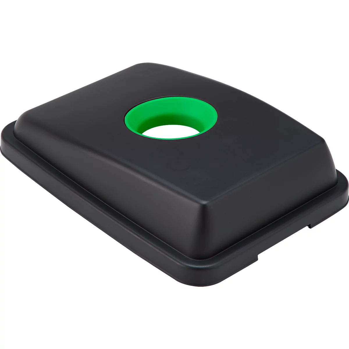 Zwarte deksel met groen gat, vermoedelijk voor een vuilnisbak. Rechthoekige vorm, afgeronde hoeken.