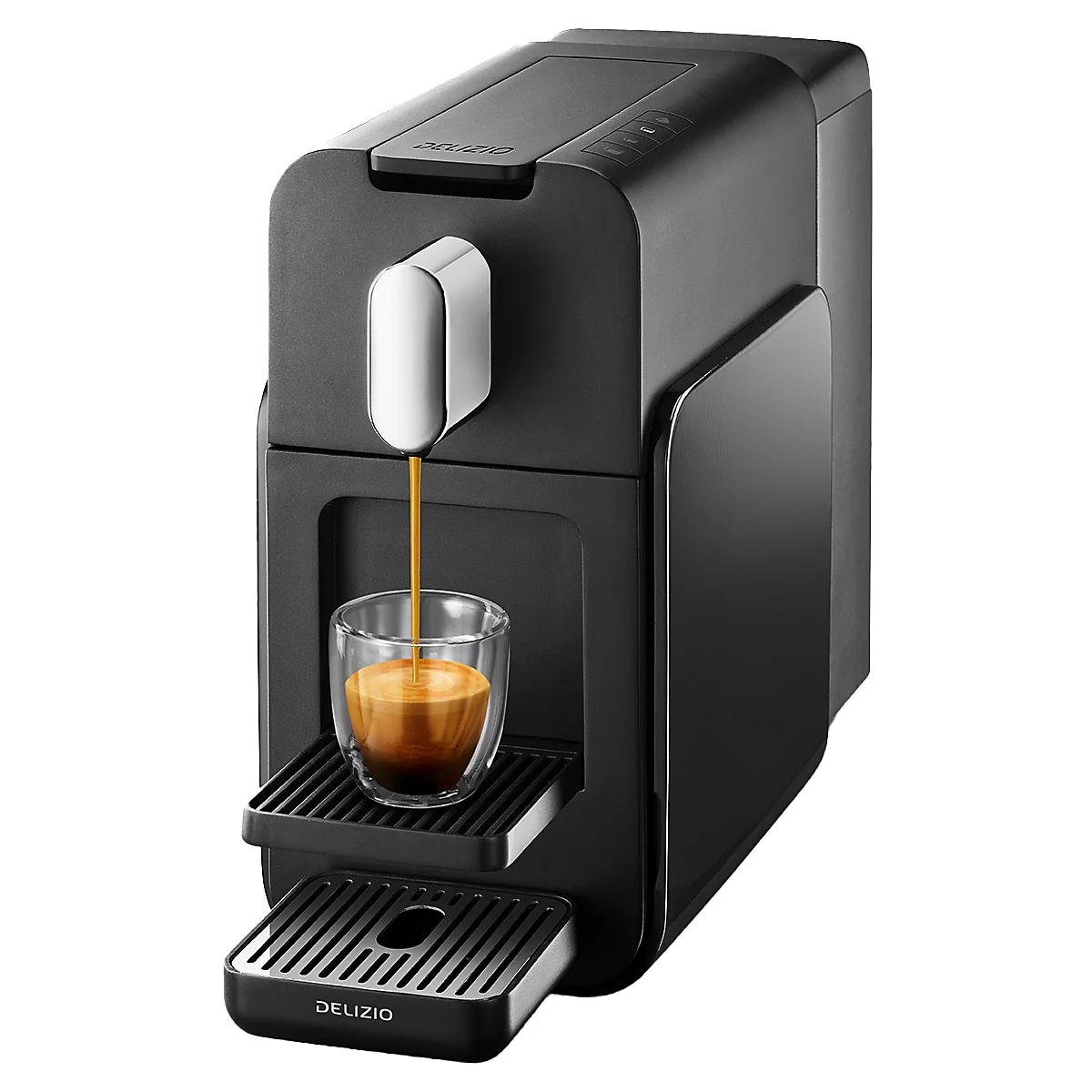 Une cafetière noire qui prépare du café dans un verre. Le logo "DELIZIO" est visible en bas.