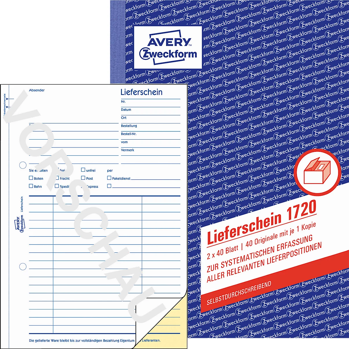A white delivery note booklet from Avery Zweckform. The title and other information are printed in red on a blue background. Opened form on the left.