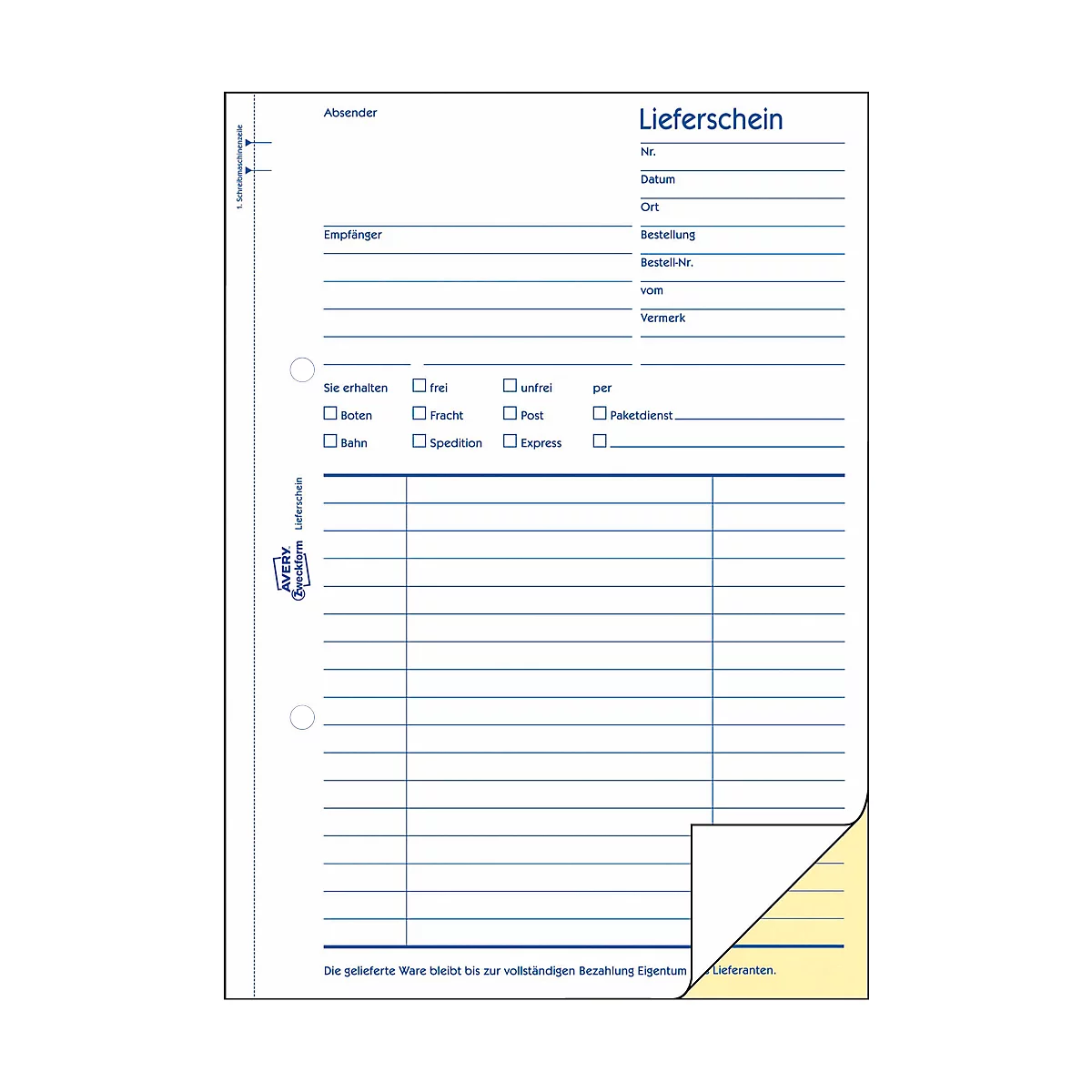 A white delivery form with blue lines, headings, and boxes to tick. A corner area is yellow.