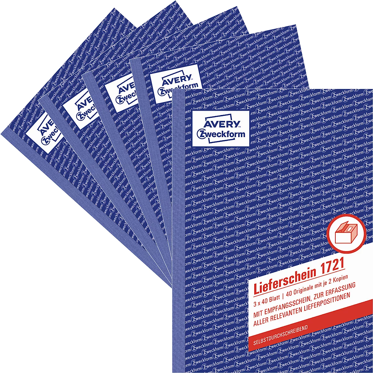 Fan-shaped blue delivery notes, with white logo and the words 'Avery Zweckform'.