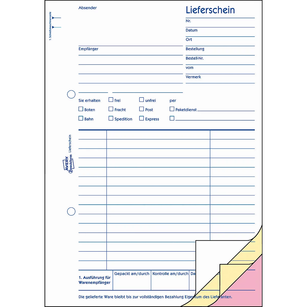 A white delivery form with blue lines and text. It shows areas for sender, recipient, and information.