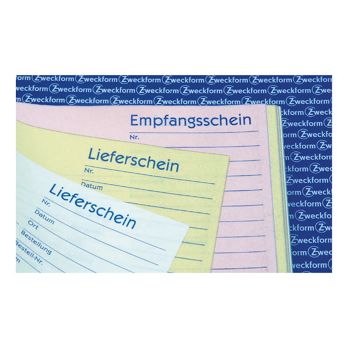Three yellow, pink, and white delivery notes with blue text. The background shows the brand name.