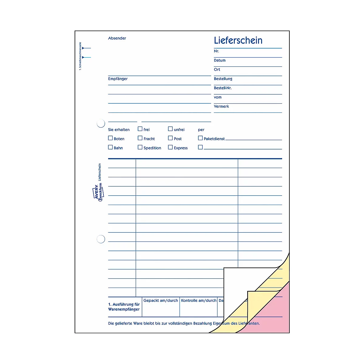 A white delivery form with blue lines, overwritten with "Lieferschein". Several input fields and checkboxes are present.