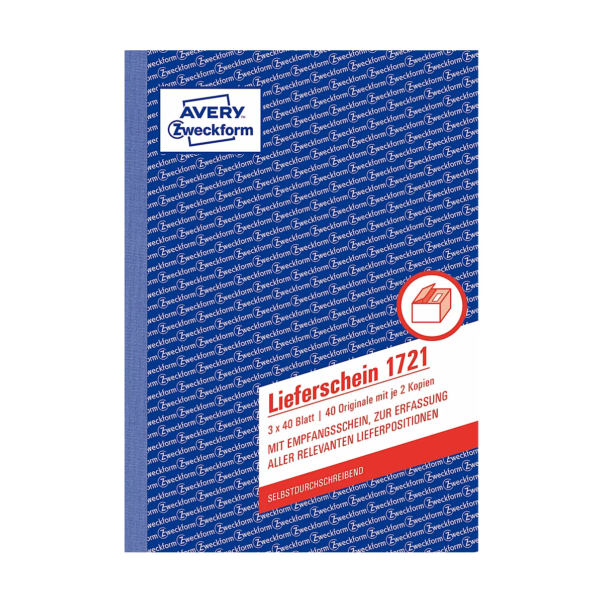 A blue and white Avery Zweckform product. On a red background: Lieferschein 1721. Text: 3 x 40 sheets, 40 originals with 2 copies each.