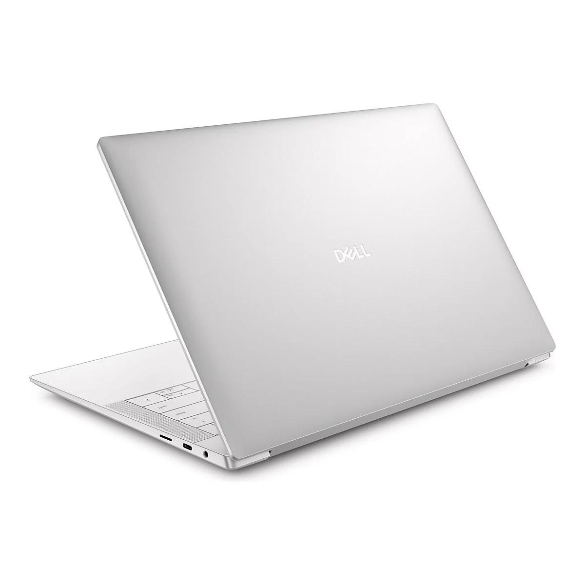 Silberner Laptop, leicht angewinkelt. Auf dem Deckel ist das Dell-Logo zu sehen.