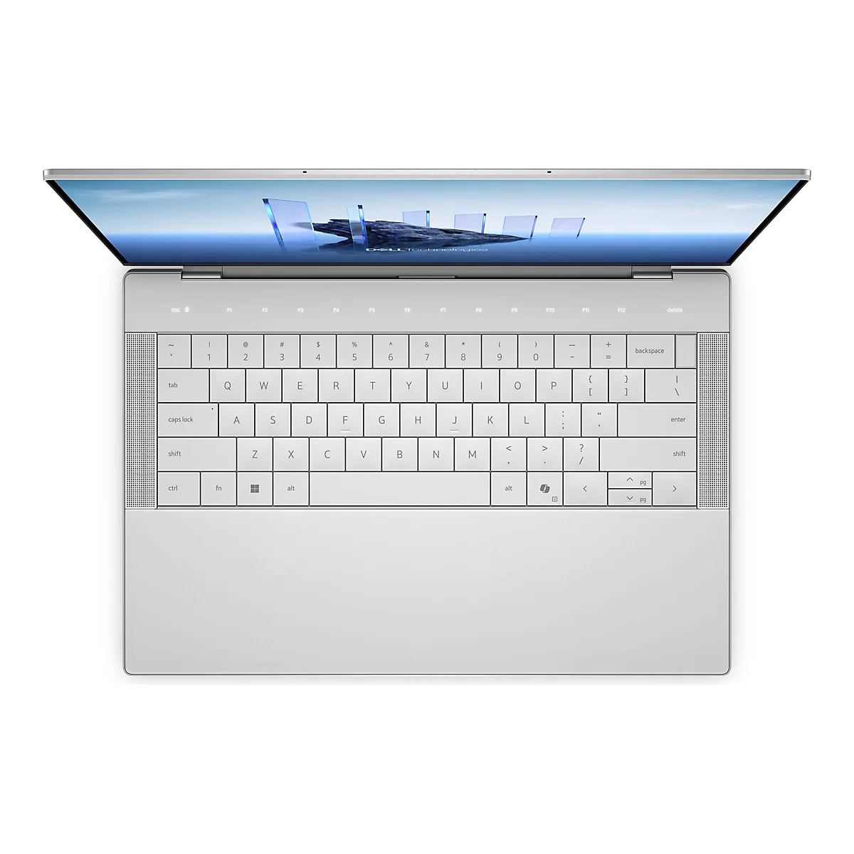 Draufsicht auf ein geöffnetes silberfarbenes Laptop. Tastatur und Bildschirm sind sichtbar; der Bildschirm zeigt blaue Grafiken mit Text.