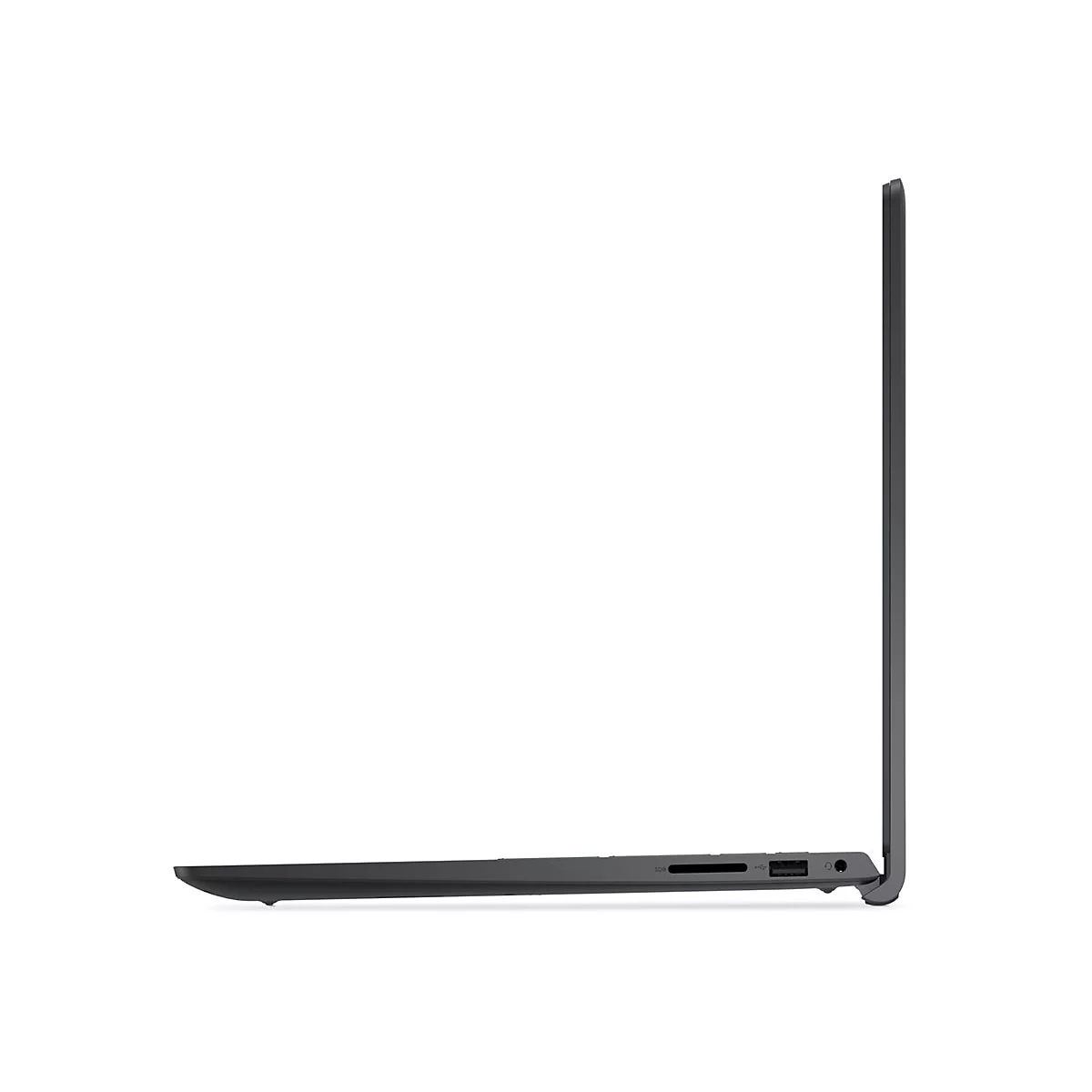 Grauer Laptop, Seitenansicht. Sichtbar sind Anschlüsse, SD-Kartenslot und USB-Anschluss.