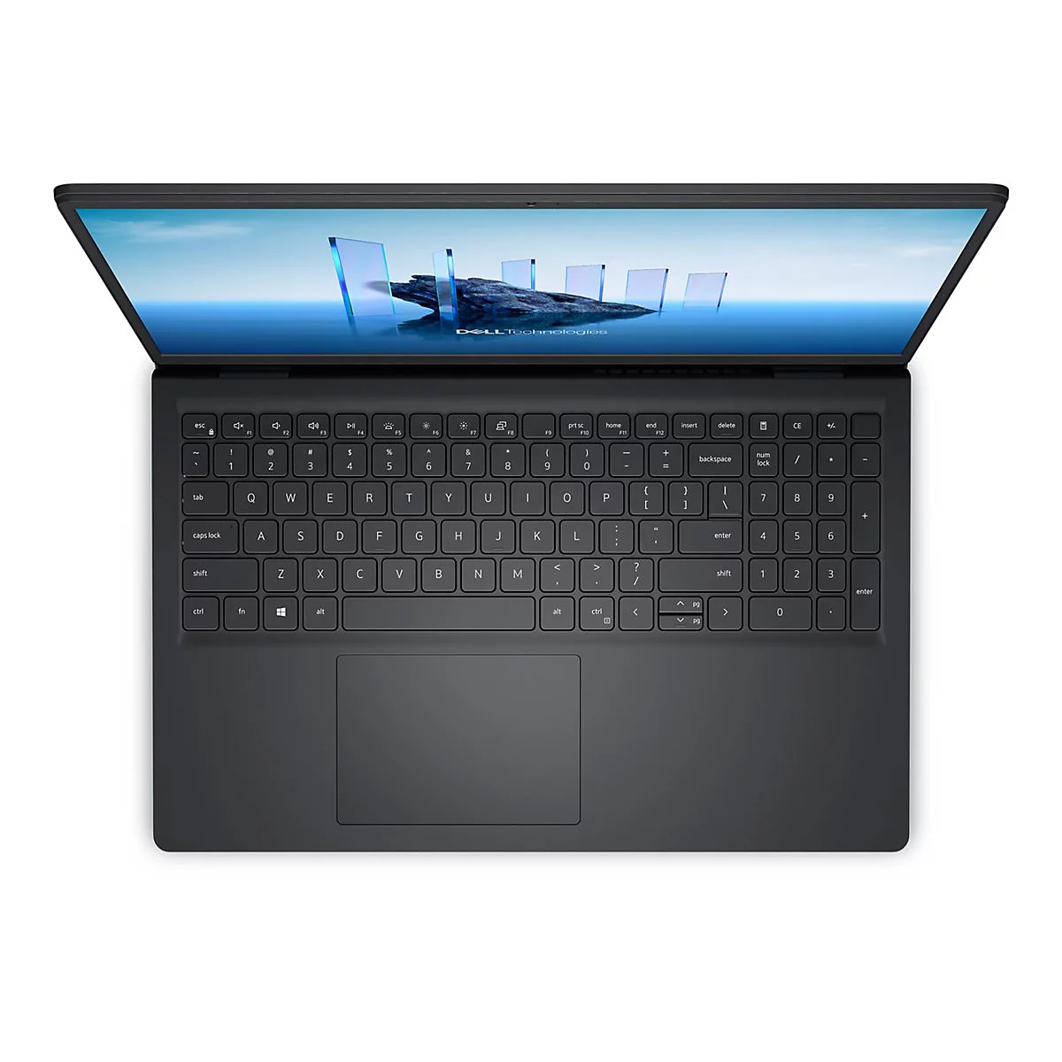 Draufsicht auf einen schwarzen Laptop mit geöffnetem Bildschirm, der das Dell Technologies Logo zeigt. Die Tastatur ist deutlich zu erkennen.