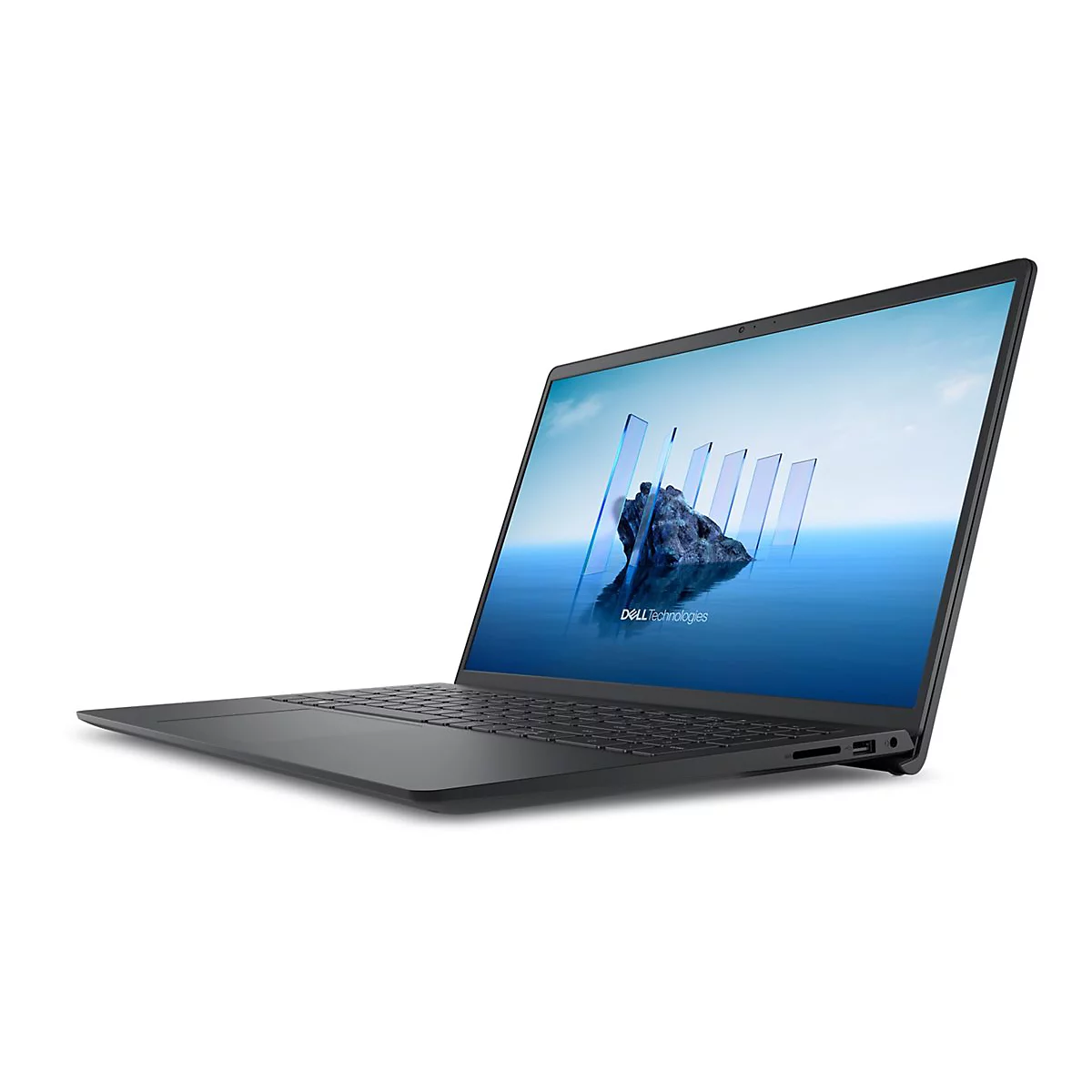 Ein schwarzer Laptop in Schräglage vor weißem Hintergrund. Auf dem Bildschirm sind blaue Rechtecke und Felsen abgebildet, darunter Dell Technologies.