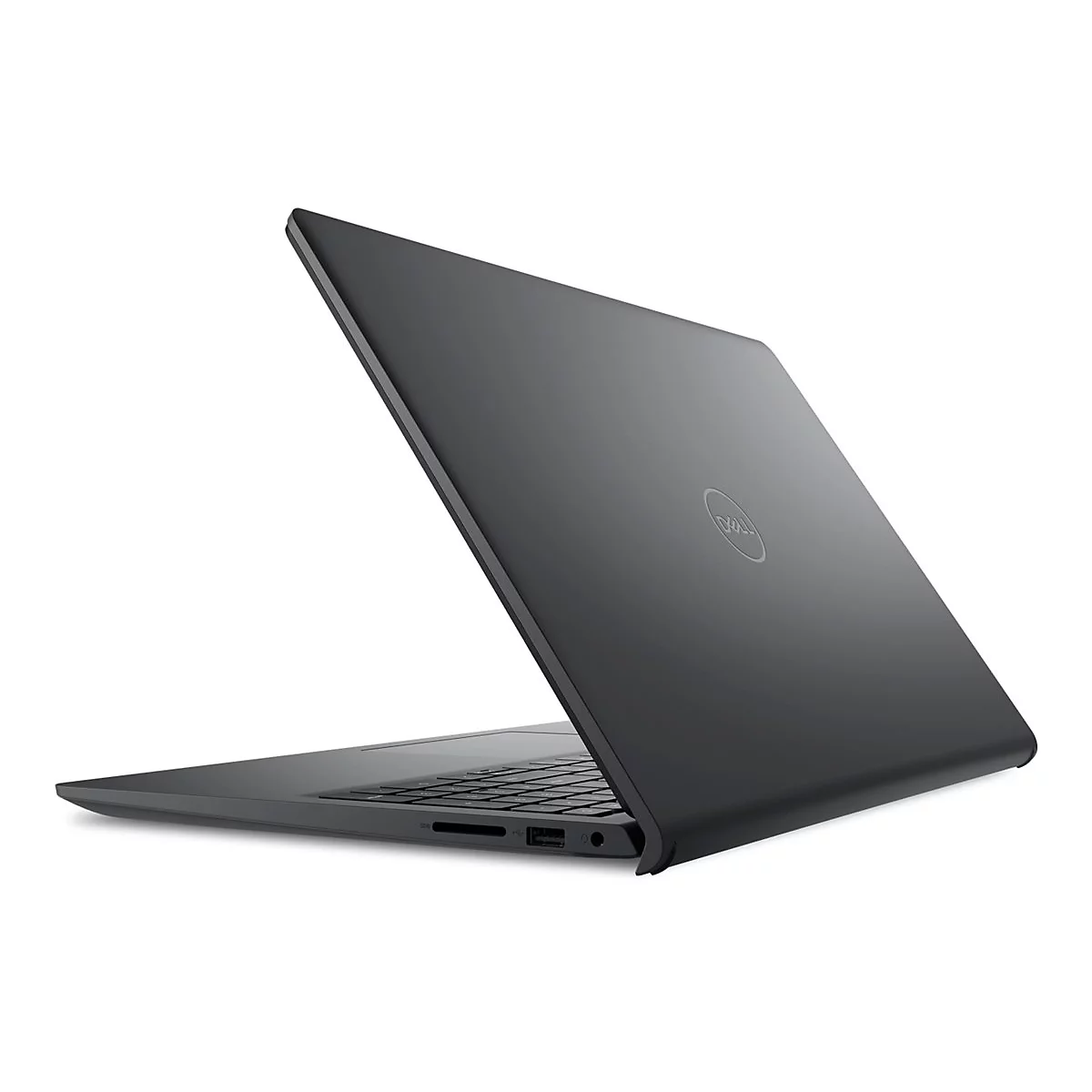 Dunkelgrauer Laptop, leicht geöffnet, auf weißem Hintergrund. Dell Logo auf dem Deckel, Tastatur sichtbar.