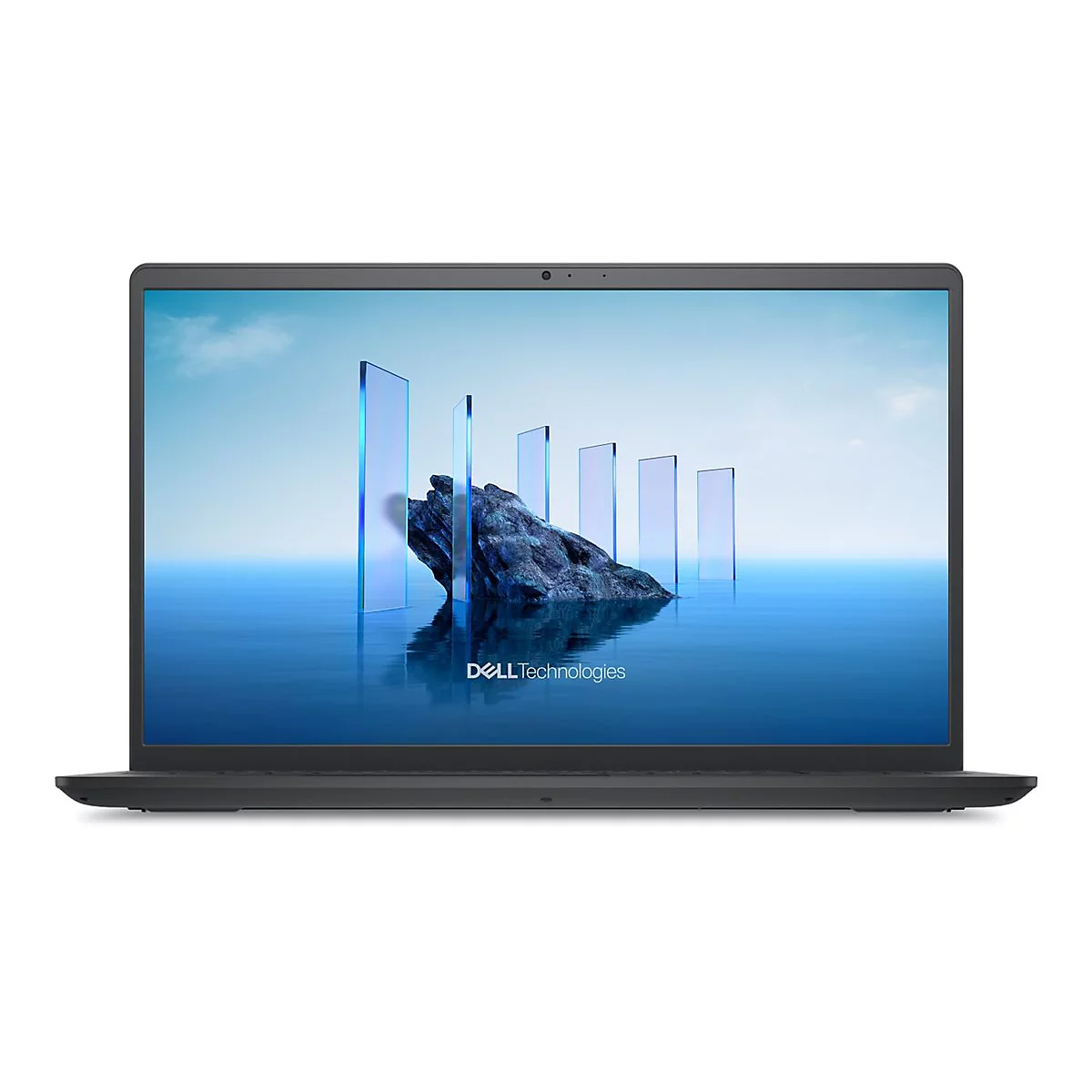 Dunkelgrauer Laptop mit einem Bildschirm, auf dem eine blaue Landschaft mit Säulen zu sehen ist.