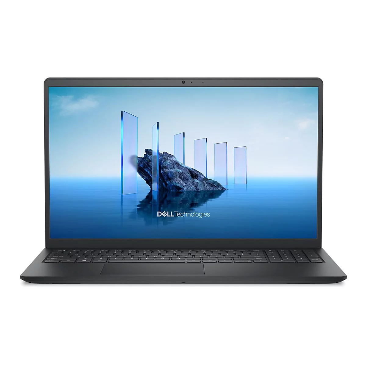 Schwarzes Laptop mit blauem Bildschirmhintergrund, darauf sind Säulen und Felsen zu sehen, sowie das Logo von Dell Technologies.