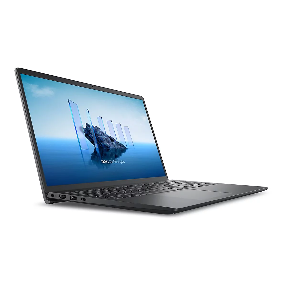 Dunkelgraues Laptop im leicht geöffneten Zustand, der Bildschirm zeigt eine Berglandschaft mit Glasstrukturen.