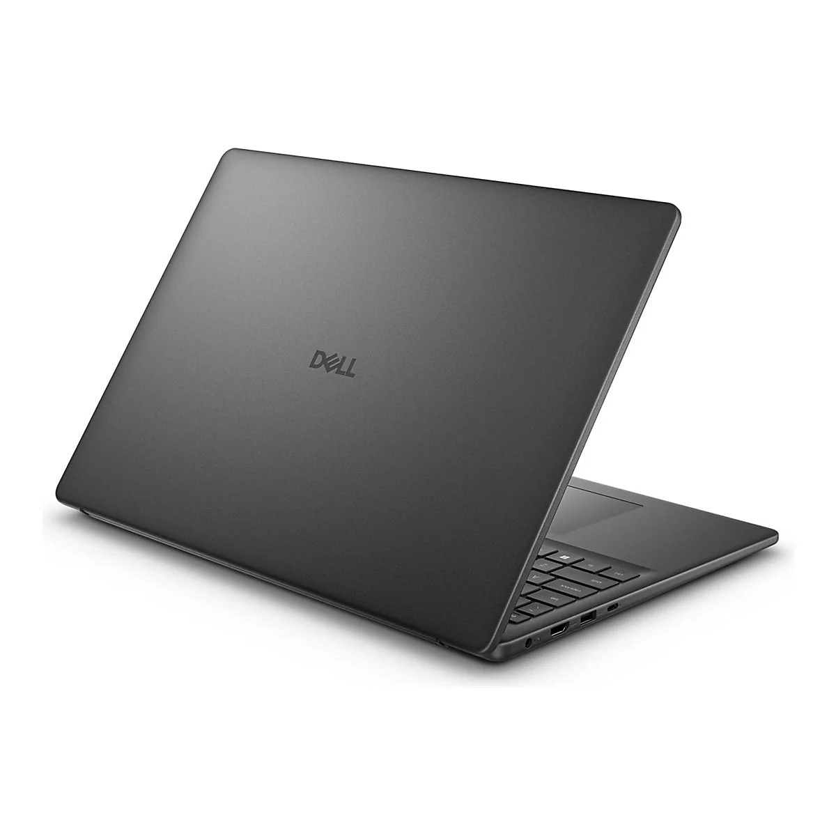Dunkelgraues Dell Laptop, leicht geöffnet, vor weißem Hintergrund. Dell Logo oben mittig.